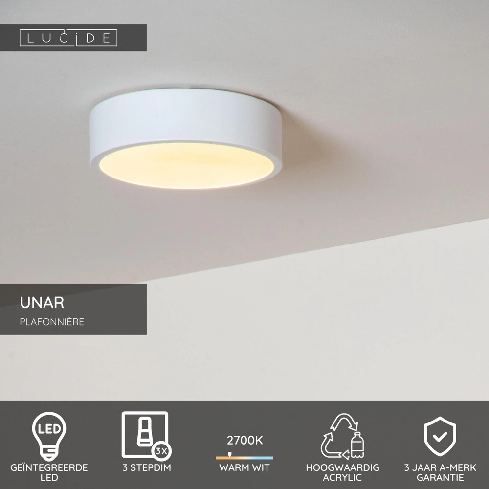 Plafonniere Unar Ø 20cm - 2700K - wit Lucide 5411212792013