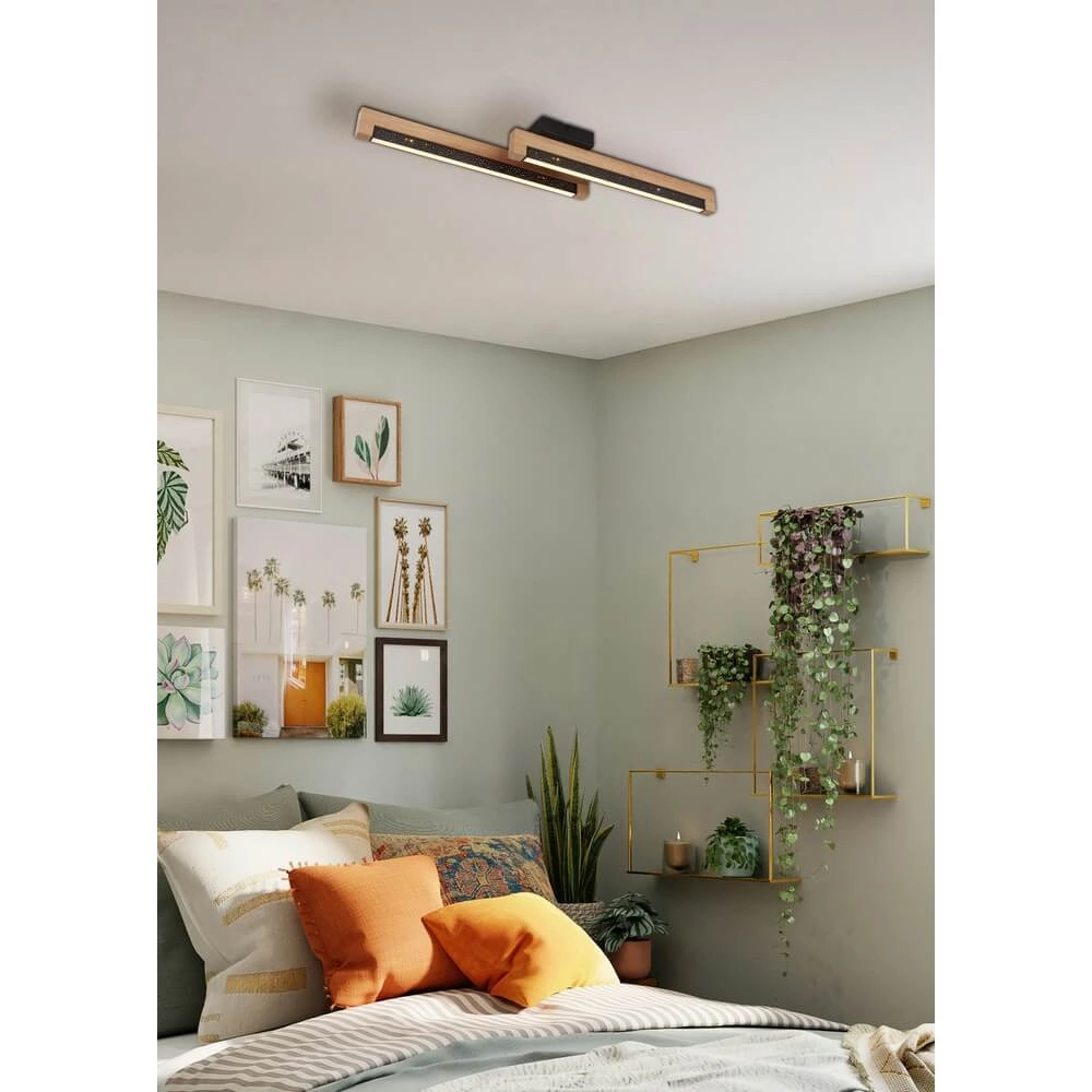 Strakke plafondlamp Starla zwart met hout 70cm Globo 9007371453290
