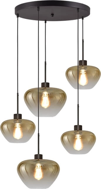 5-lichts hanglamp Genua zwart met 3x goud glas Ø 24cm en 2x Ø 29cm