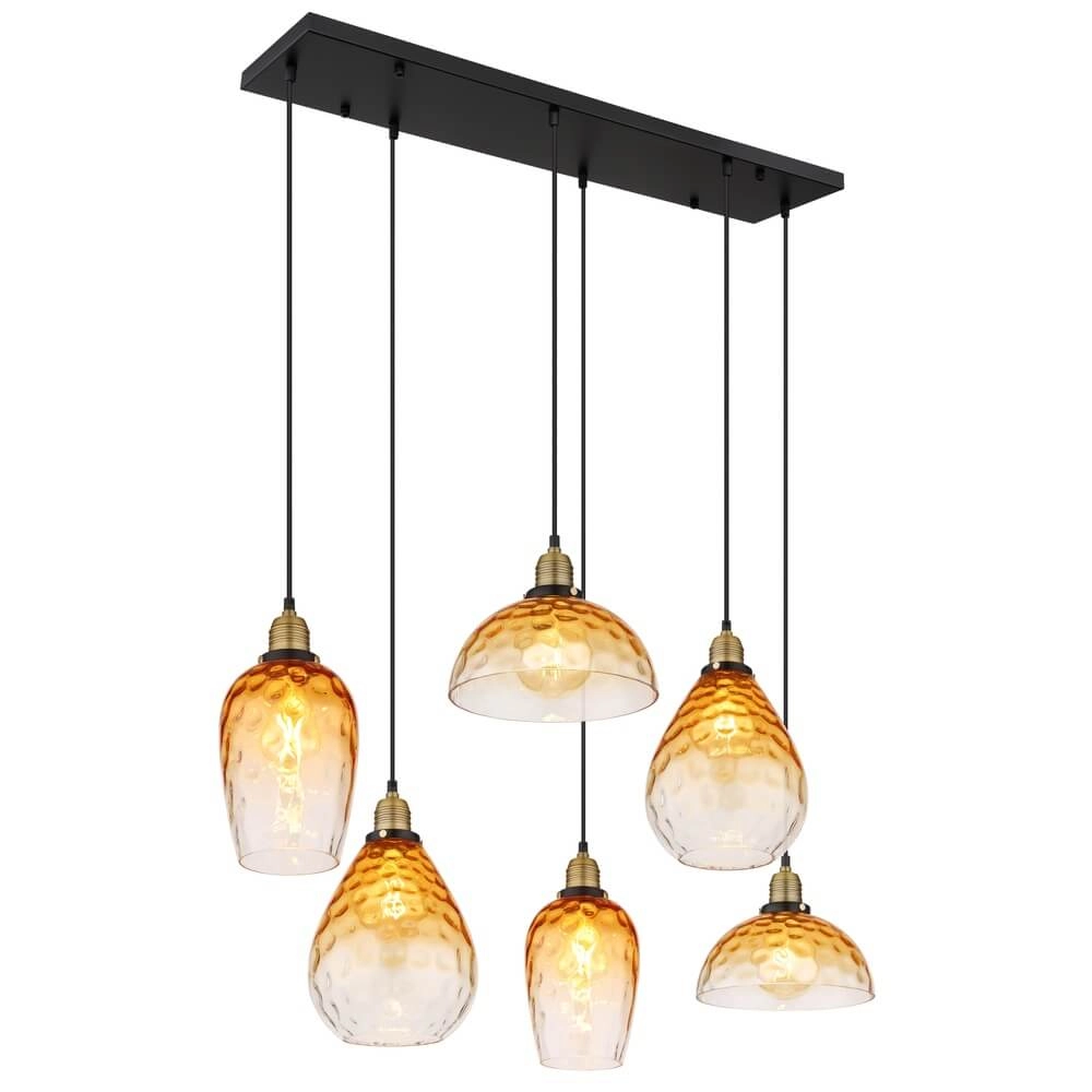 6-lichts hanglamp Salvy amber glas honinggraat 6-lichts hanglamp Salvy amber glas honinggraat