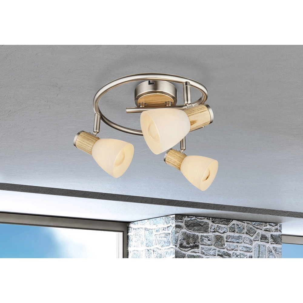Plafondlamp Gylfi nikkel met hout 3-lichts Globo 9007371349548