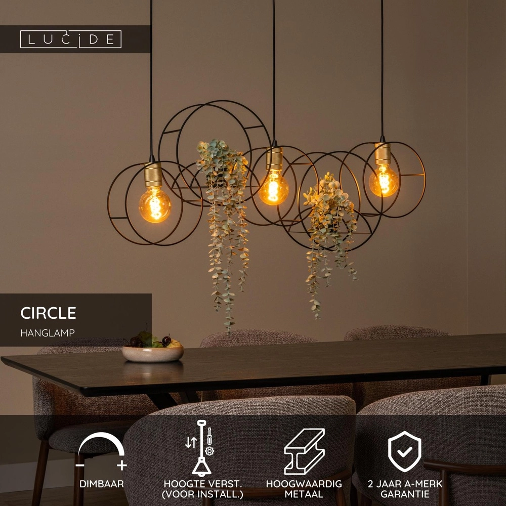 Unieke hanglamp Circle 3-lichts zwart Lucide 5411212211910