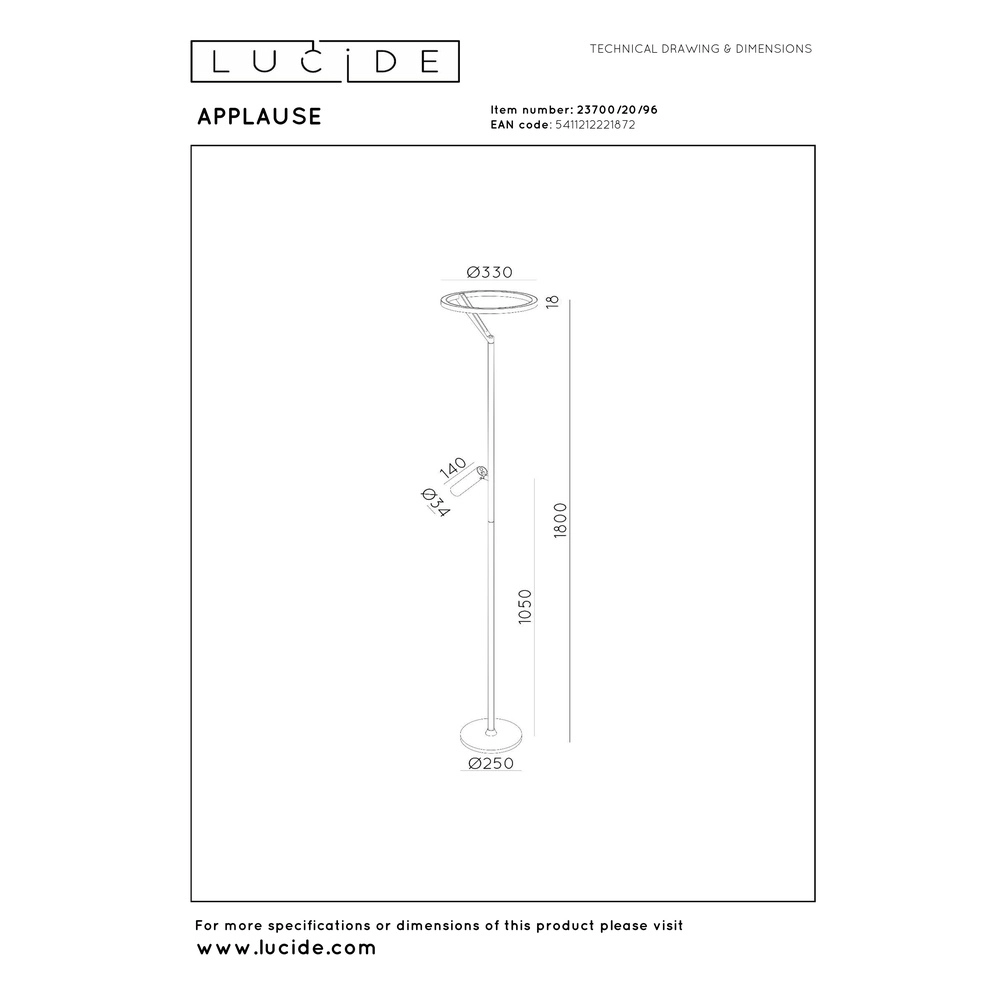 Strakke vloerlamp met leeslamp Applause geborsteld roodkoper - led Premium by Lucide 5411212221872