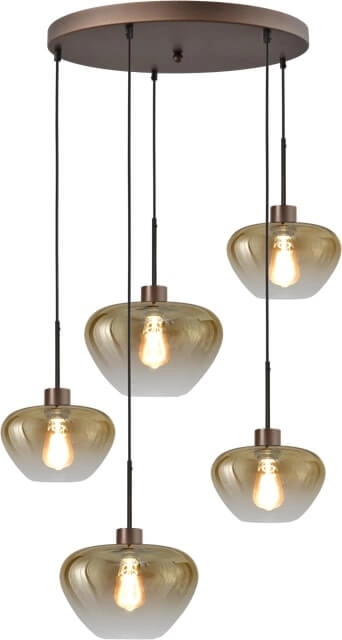 5-lichts hanglamp Genua bruin met 3x goud glas Ø 24cm en 2x Ø 29cm