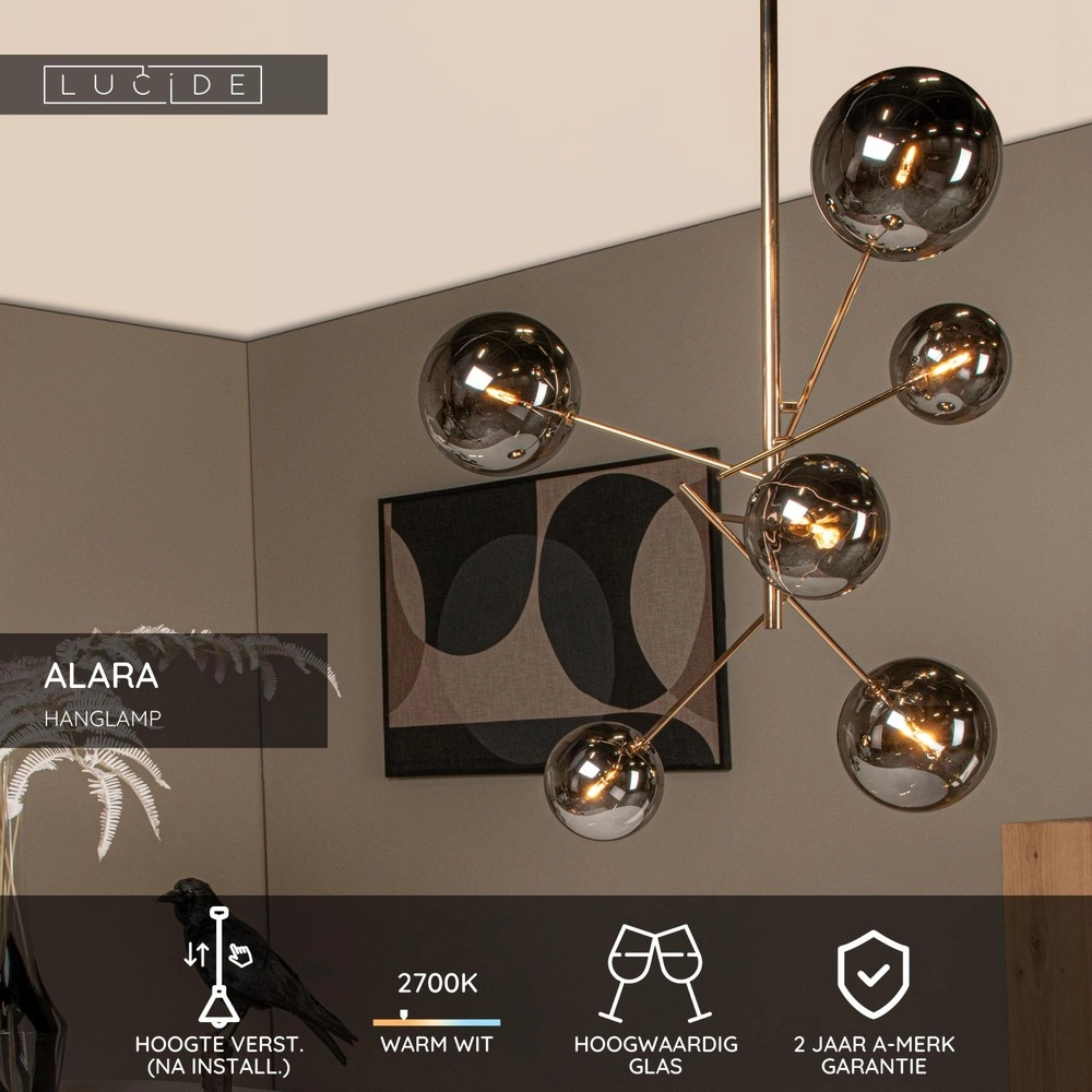 6-lichts hanglamp Alara goud met smoke bollen Lucide 5411212461025