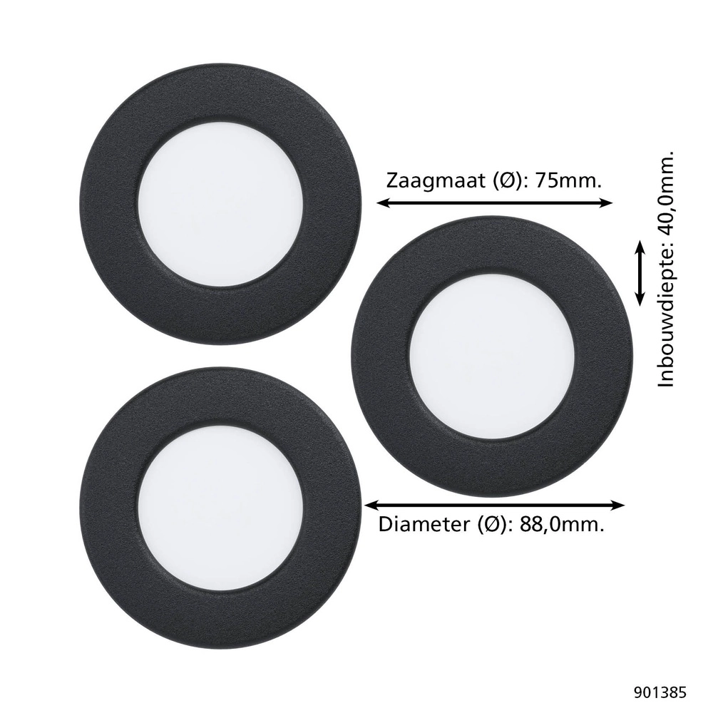 3x Inbouwspot Fueva 6 rond - zwart - Ø 8,8cm Eglo 9008606330669