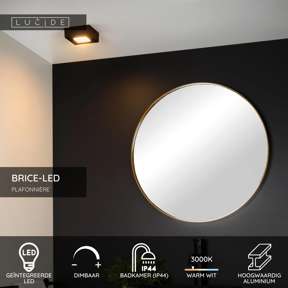 Plafonniere Brice-Led 10,8cm vierkant IP44 zwart Lucide 5411212281241