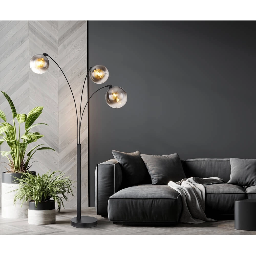 Zwarte vloerlamp Newcastle bol smoke glas 3-lichts Globo 9007371449798