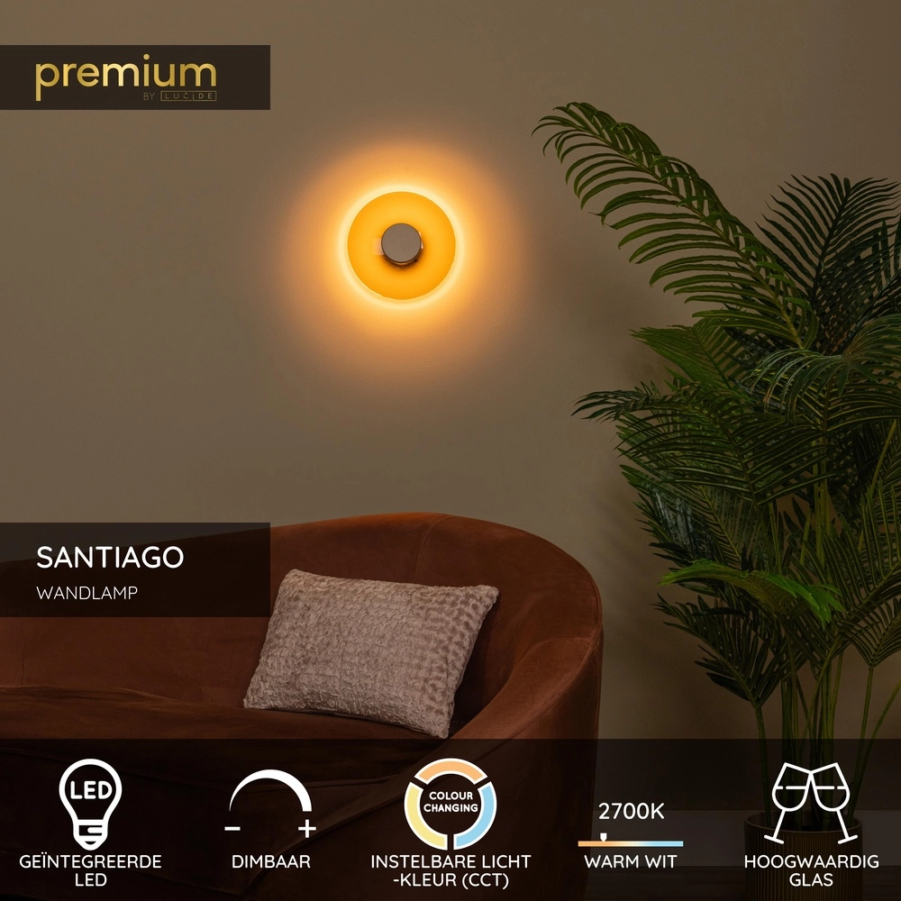 Led wandlamp Santiago Ø 23cm - champagne met amber glas Premium by Lucide 5411212221896