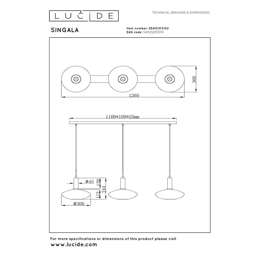 Design hanglamp Singala 3-lichts recht goud met wit Lucide 5411212251091