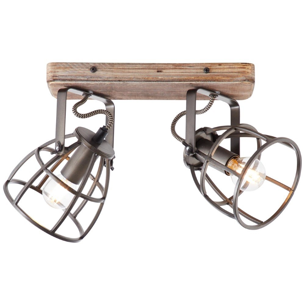 Landelijke plafondlamp Matrix Beam 2-lichts koperbrons met hout Brilliant 4004353372469