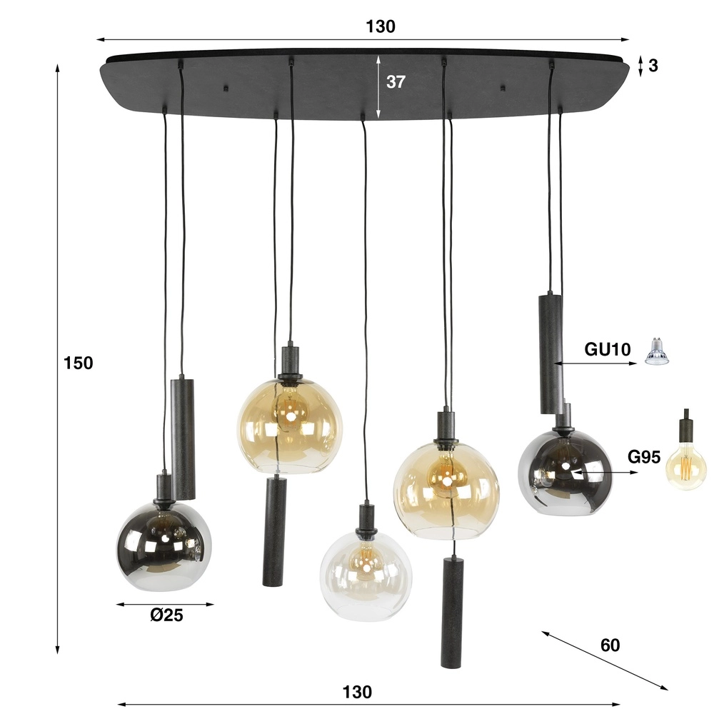 Hanglamp eettafel Sfera met gekleurde glazen bollen en pendels Lyora 8716803512405