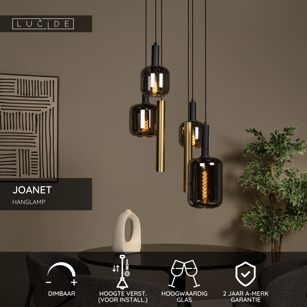 4-lichts hanglamp Joanet Ø 65cm goud met smoke glas Lucide 5411212452924