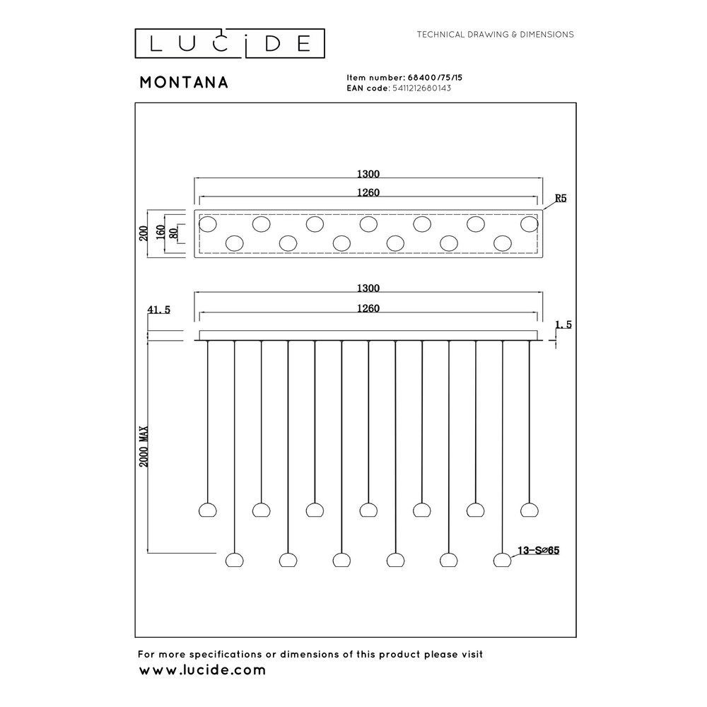 Design hanglamp Montana 13-lichts grijs Premium by Lucide 5411212680143