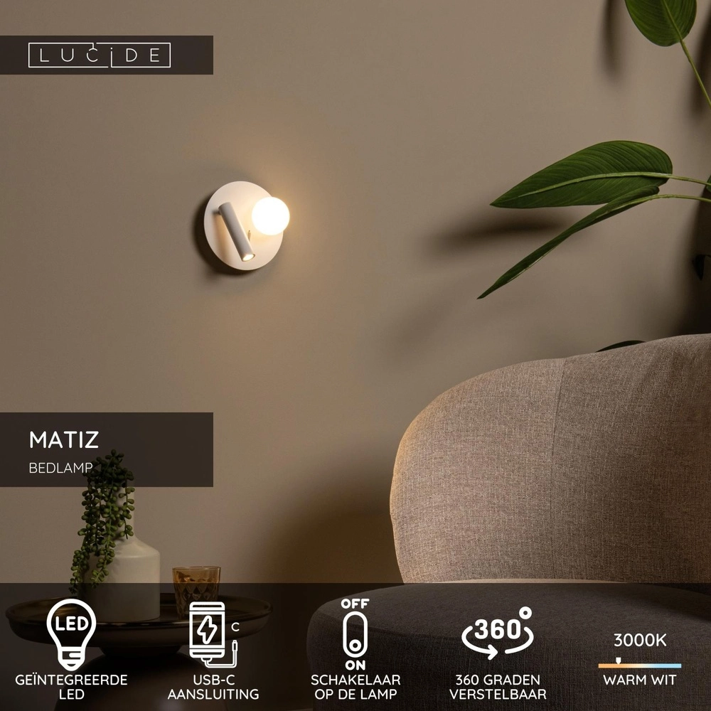 Design bedlampje Matiz wit met USB oplaadpunt Lucide 5411212771339