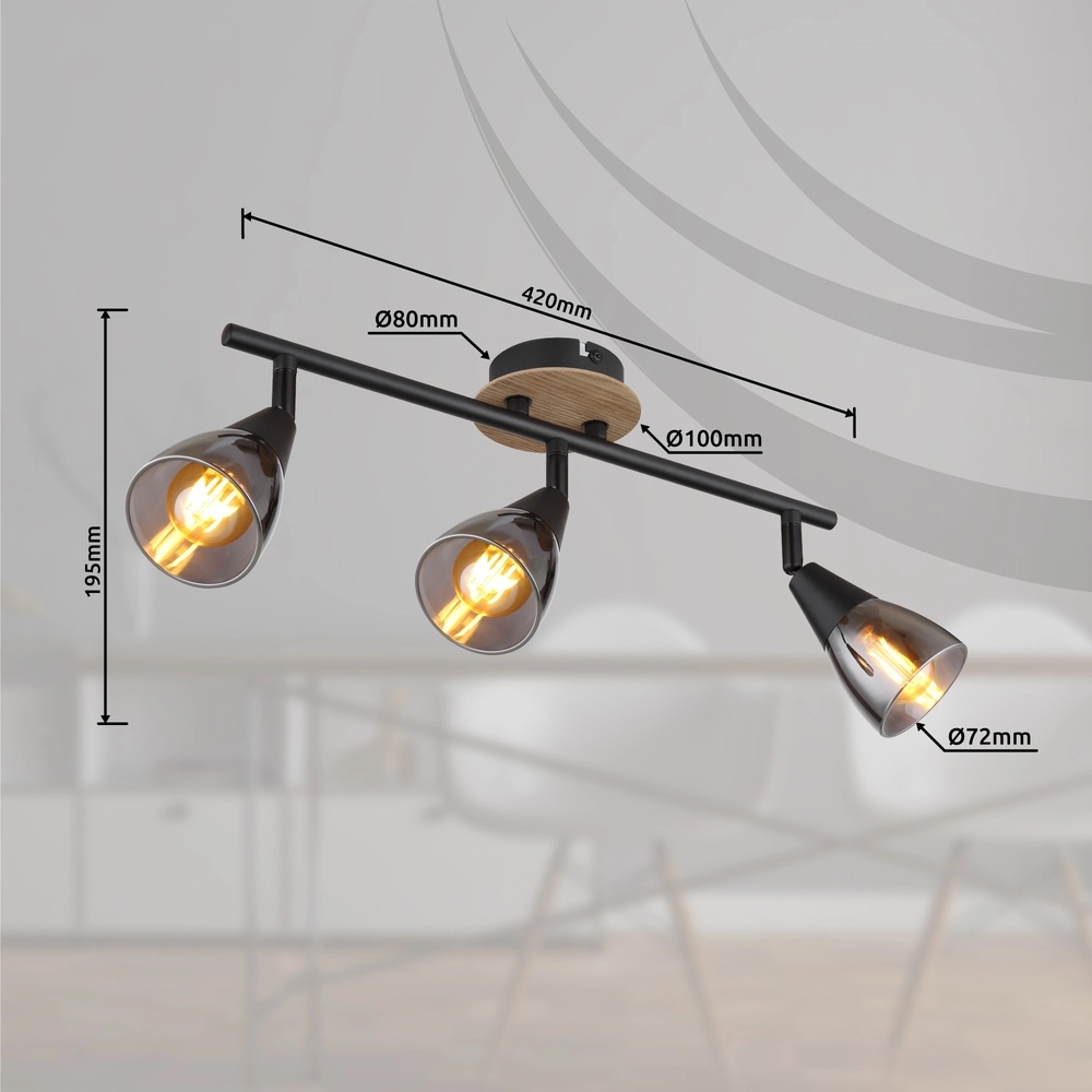 3-lichts plafondlamp Mubby zwart met houtlook Globo 9007371448869