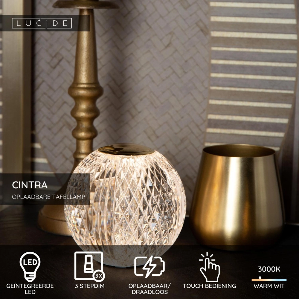 Gouden tafellampje Cintra oplaadbaar Ø 9cm - 3000K Lucide 5411212134356