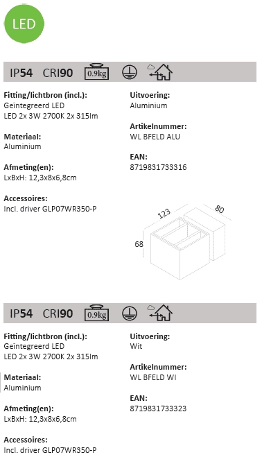 Buitenlamp updown Bfeld verstelbaar Artdelight 8719831733316