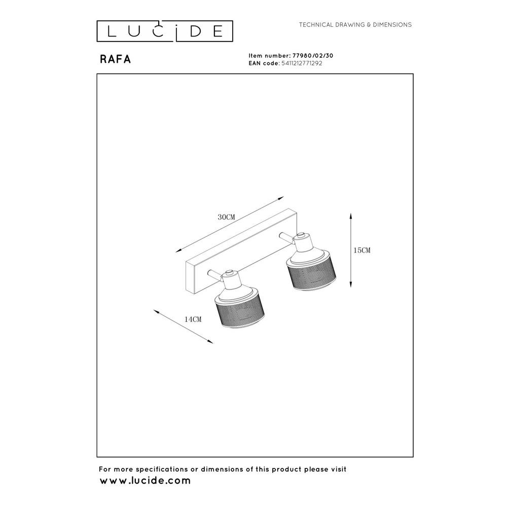 Plafondlamp Rafa 2-lichts zwart met koper Lucide 5411212771292
