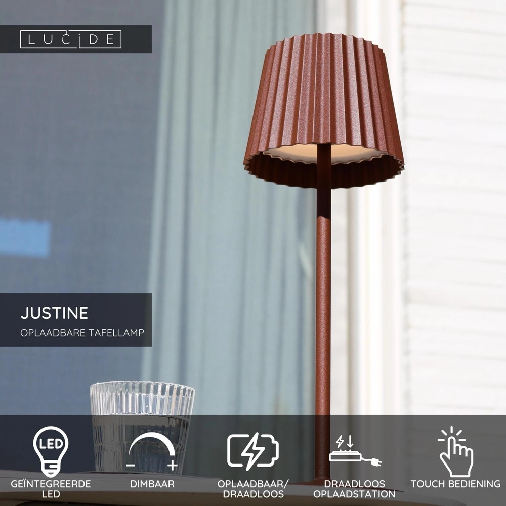 Oplaadbare tafellamp Justine roestbruin met oplaadstation Lucide 5411212272195