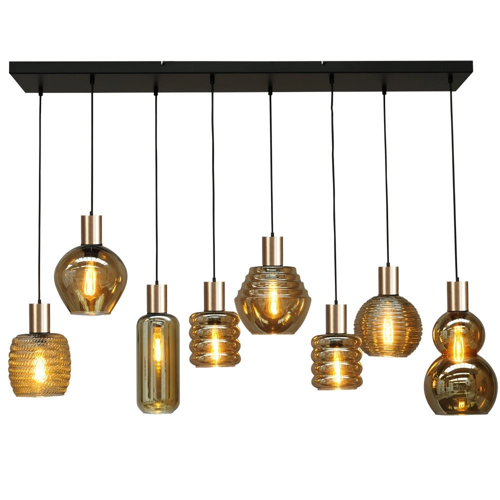 Zwarte hanglamp met goud Bounty 8-lichts curiosa glas