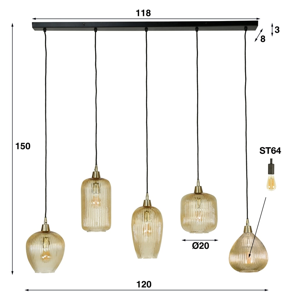 5-licht glazen hanglamp Stripe met amber glas Lyora 8716803511170