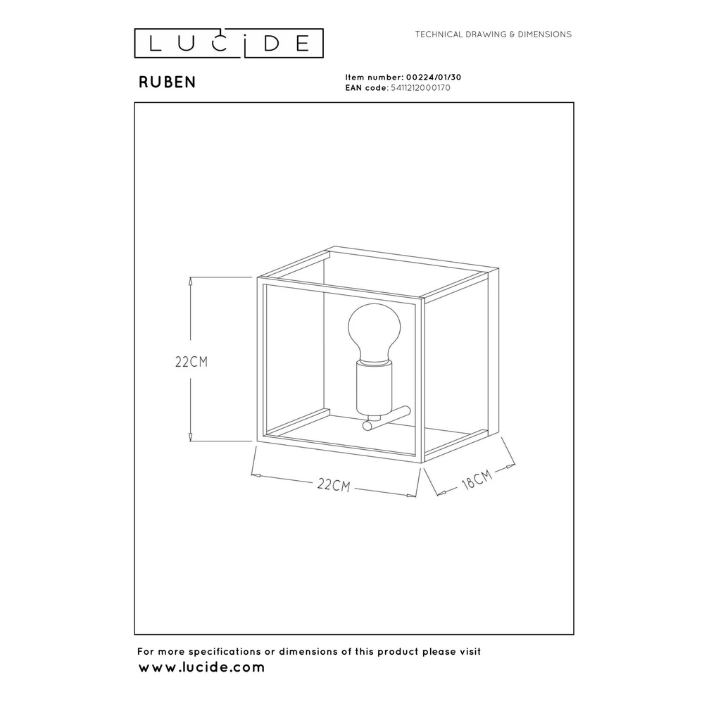 Wandlamp Ruben zwart Lucide 5411212000170