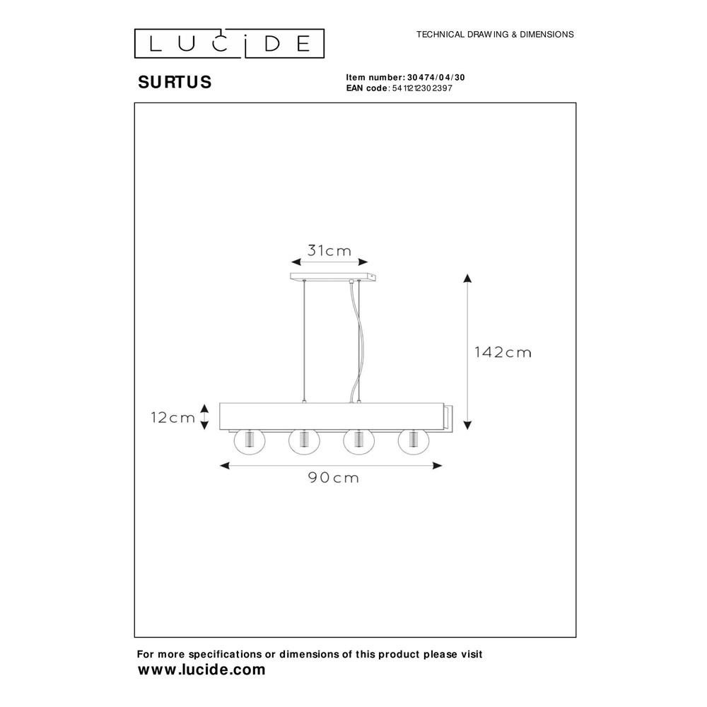 Design hanglamp Surtus 4-lichts zwart Lucide 5411212302397