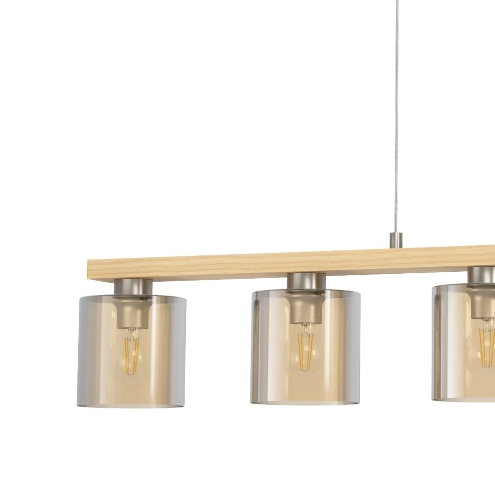 Eetkamer hanglamp Castralvo houtbruin met amber glas Eglo 9008606310050