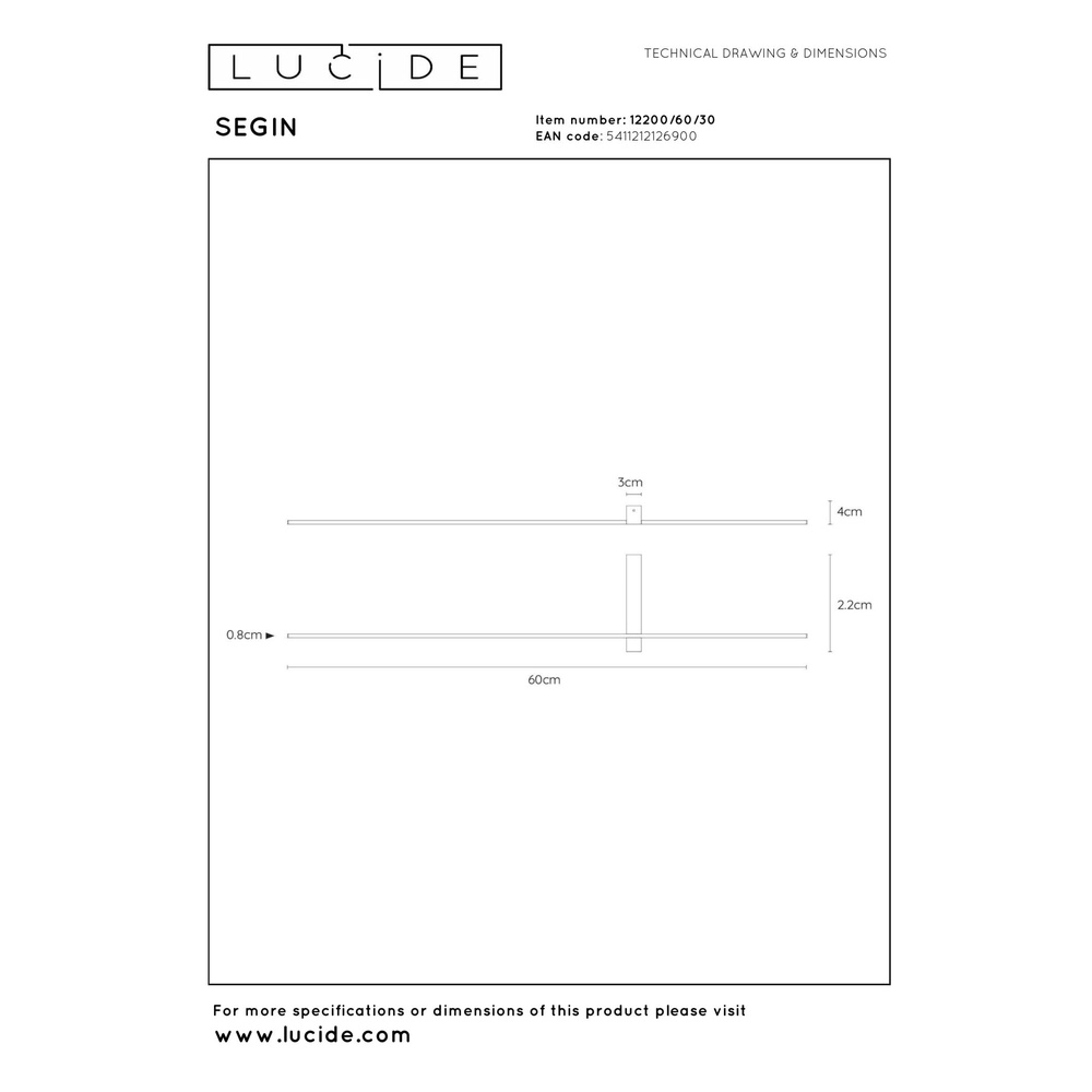 Strakke wandlamp Segin zwart 60cm Lucide 5411212126900