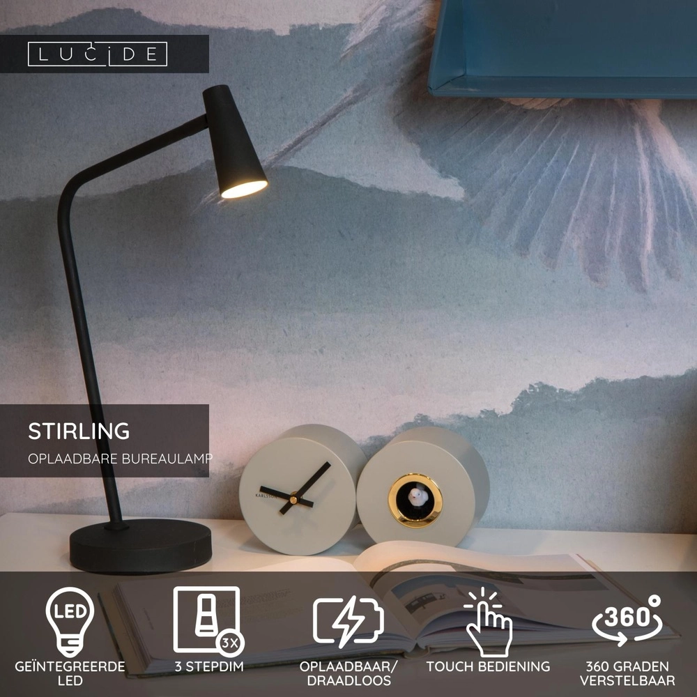 Oplaadbare tafellamp Stirling zwart Lucide 5411212361240