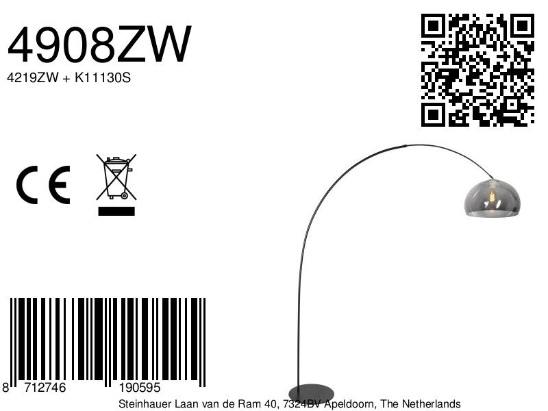 Zwarte booglamp Curve met smoke glas Steinhauer 8712746190595