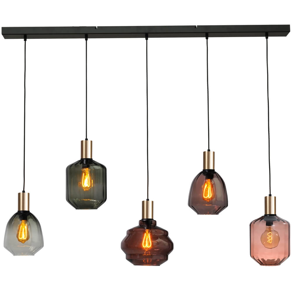 5-lichts hanglamp - goud - Porto met verschillende glazen