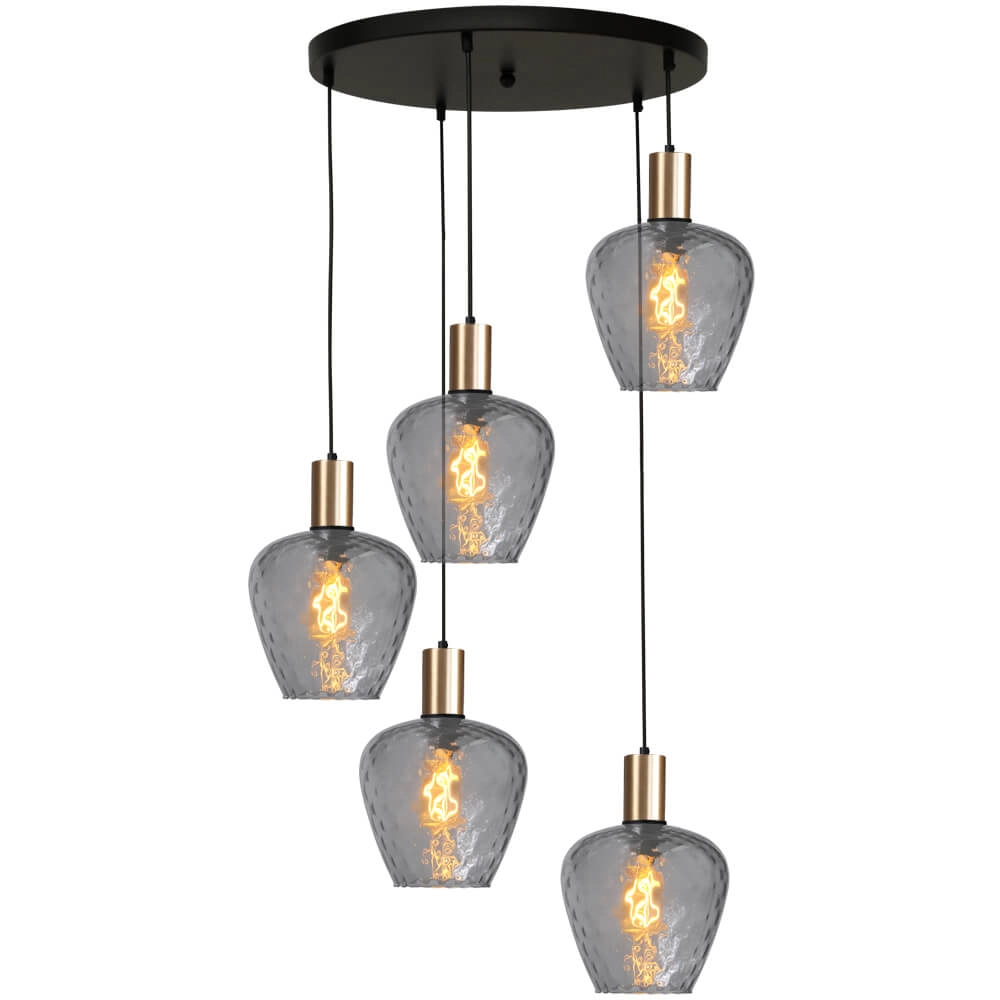 5-lichts vide hanglamp - goud - Porto met Diamond smoke glazen 5-lichts vide hanglamp - goud - Porto met Diamond smoke glazen