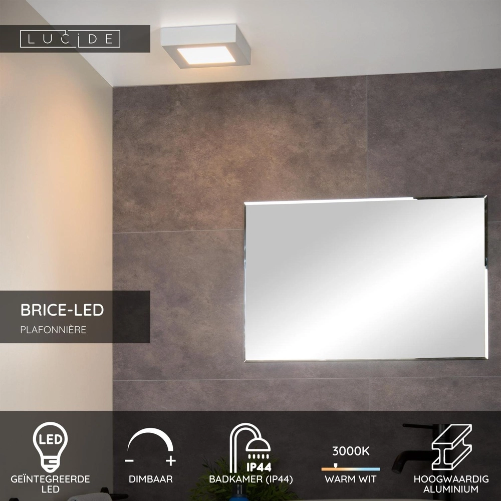 Plafonniere Brice-Led 16,8cm vierkant IP44 wit Lucide 5411212281333