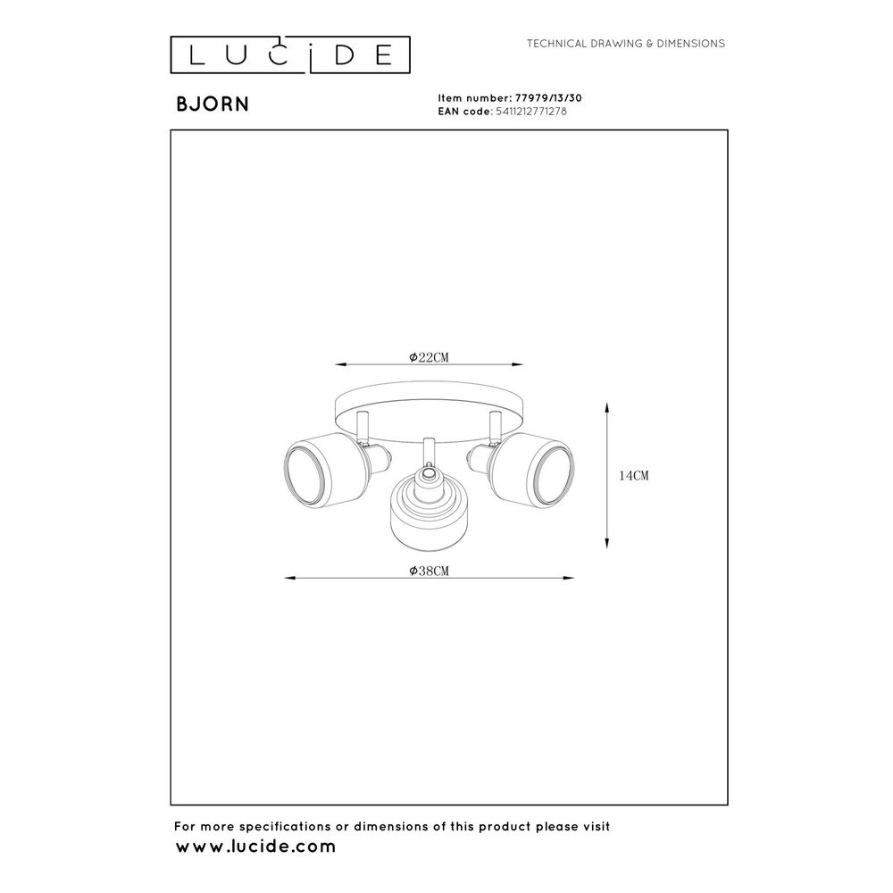 Plafondlamp Bjorn 3-lichts zwart Lucide 5411212771278