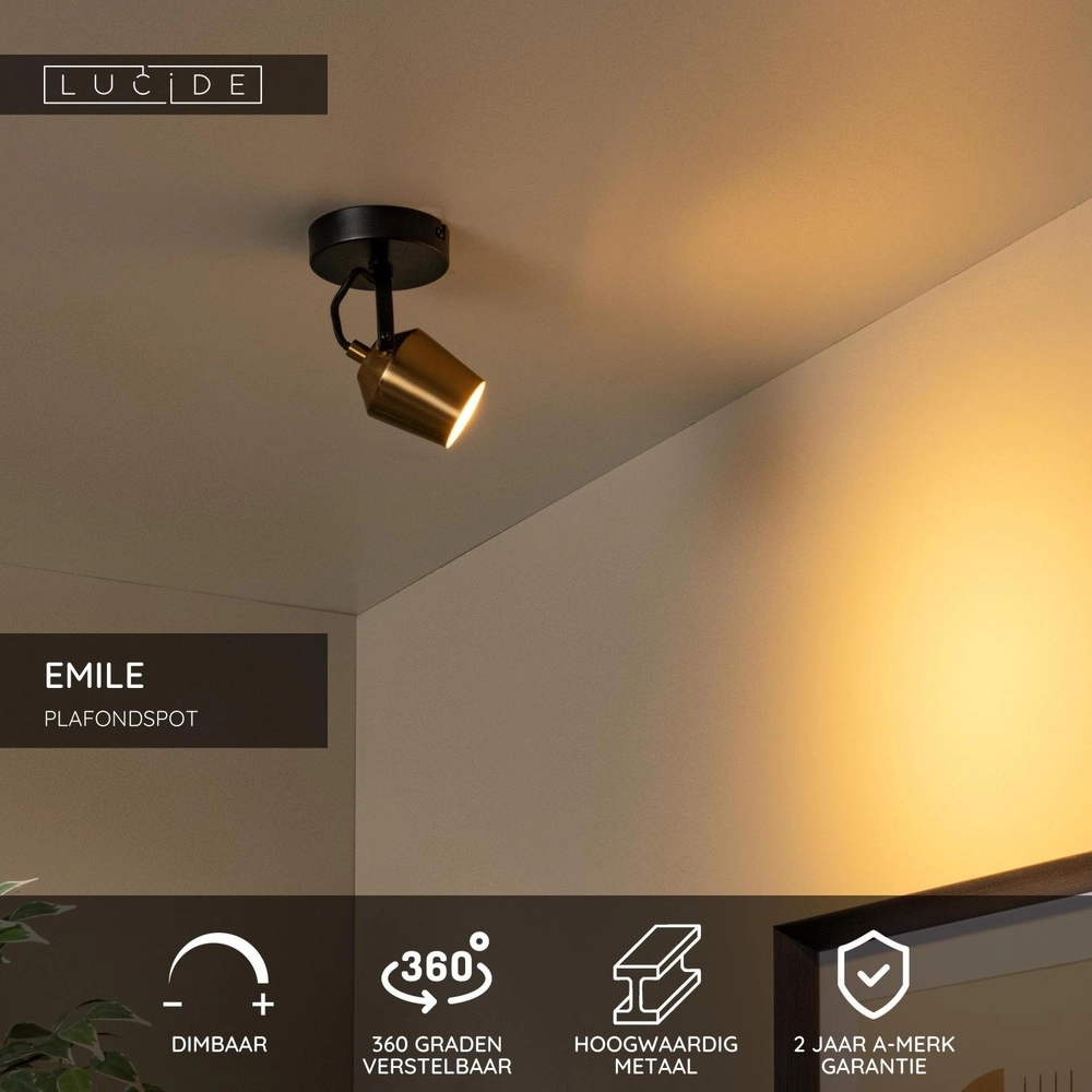 Plafondlamp Emile zwart met goud Lucide 5411212510075