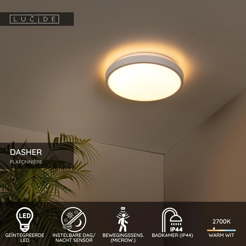 Witte plafonniere Dasher Ø 29,3cm IP44 voor badkamer Lucide 5411212792082