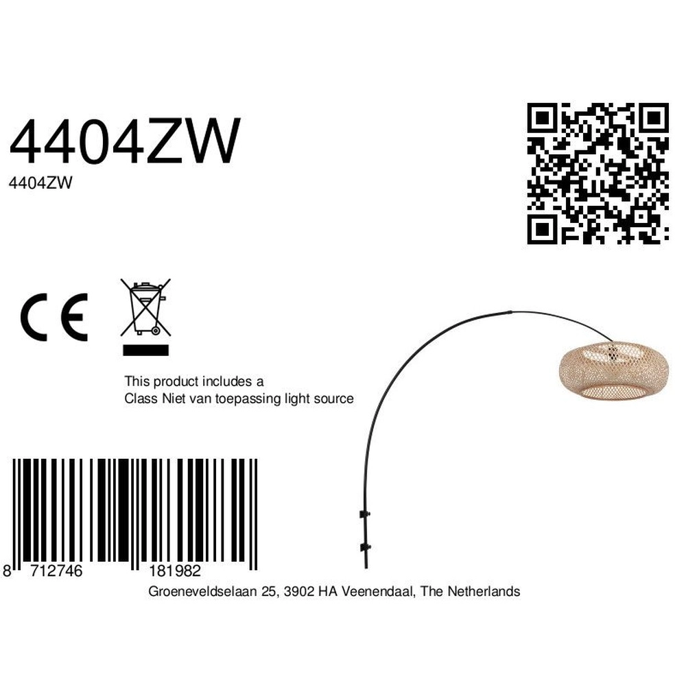 Wandlamp boog Sparkled Light zwart met rotan kap Steinhauer 8712746181982