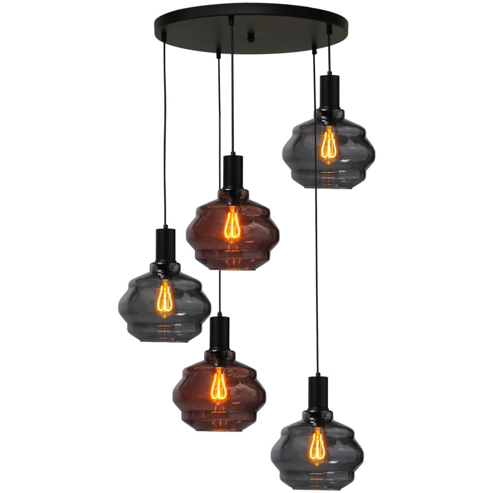 5-lichts vide hanglamp - zwart - Porto met Ball glazen 5-lichts vide hanglamp - zwart - Porto met Ball glazen