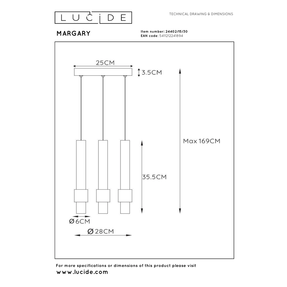 Strakke hanglamp Margary 3-lichts zwart Lucide 5411212241894
