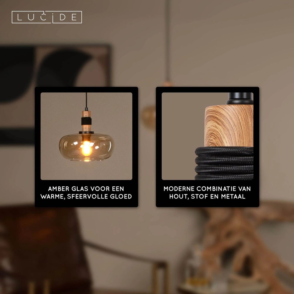 Hanglamp Ilona Ø 30cm zwart met amber glas Lucide 5411212452672