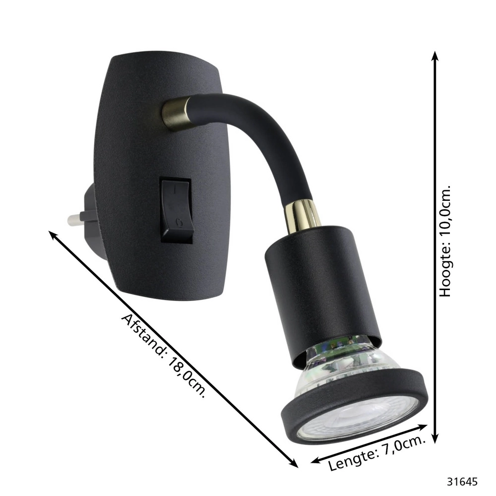 Stekker wandlamp Parrini schakelaar - flexibel - zwart/messing