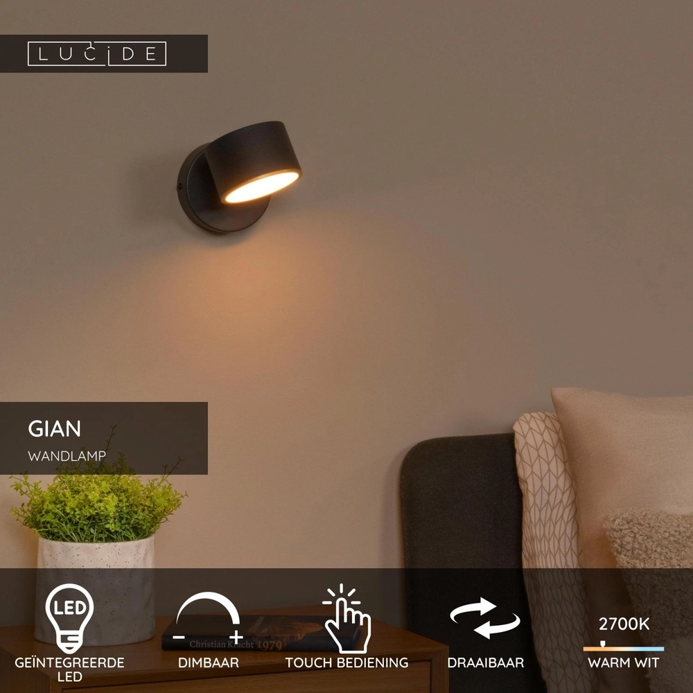 Wandlamp Gian zwart Lucide 5411212441997
