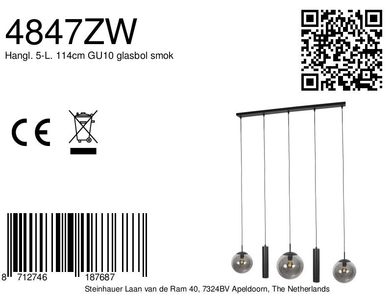 Design hanglamp Bollique 5-lichts zwart Steinhauer 8712746187687