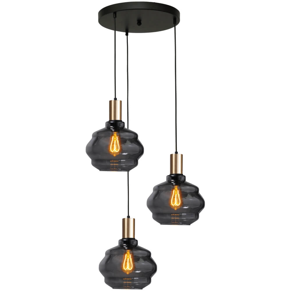 3-lichts vide hanglamp - goud - Porto met Ball smoke glazen - Ø 24cm 3-lichts vide hanglamp - goud - Porto met Ball smoke glazen - Ø 24cm