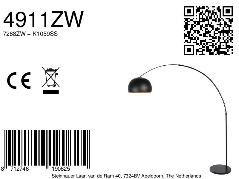 Zwarte booglamp Globe Black Steinhauer 8712746190625