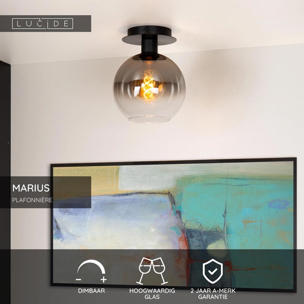 Plafondlamp Marius zwart met smoke glas Lucide 5411212740984