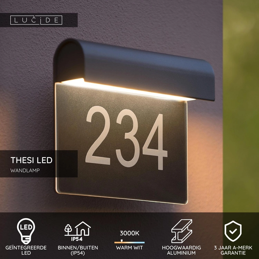 Wandlamp Thesi Led zwart met huisnummer Lucide 5411212271464