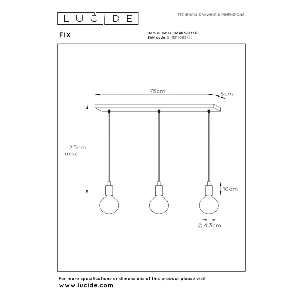 Hanglamp Fix 3-lichts zwart Lucide 5411212082725